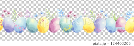 Spring easter seamless border of colorful eggs, flowers and twigs in watercolor technique Spring easter seamless border of colorful eggs, flowers and twigs in watercolor technique 124403206