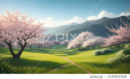 桜のある春の風景のアートイラスト 124403506