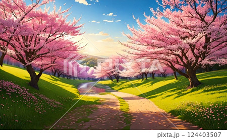 桜のある春の風景のアートイラスト 124403507