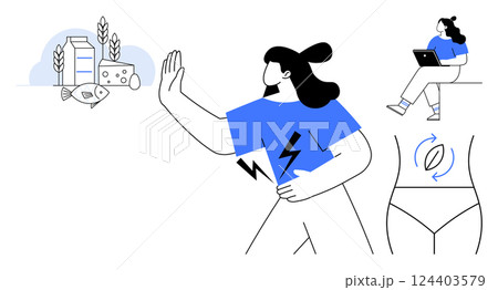 Woman rejecting dairy and fish allergens, working on a laptop, and gut health icon. Ideal for health awareness, allergy information, wellness tips, dietary advice, modern lifestyle, health education 124403579