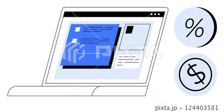 Laptop with financial dashboard, including graphs and text, percentage and dollar icons. Ideal for financial planning, economic analysis, budgeting, accounting, business analytics, investment 124403581