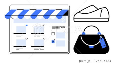 E-commerce website interface with storefront banner, product listings, and icons of a shoe and handbag. Ideal for online shopping, digital marketing, retail business, e-commerce platforms, product 124403583