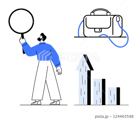 Man holding magnifying glass, briefcase, upward arrow chart symbolizing growth and analysis. Ideal for business strategy, market research, financial growth, career development, project planning 124403598