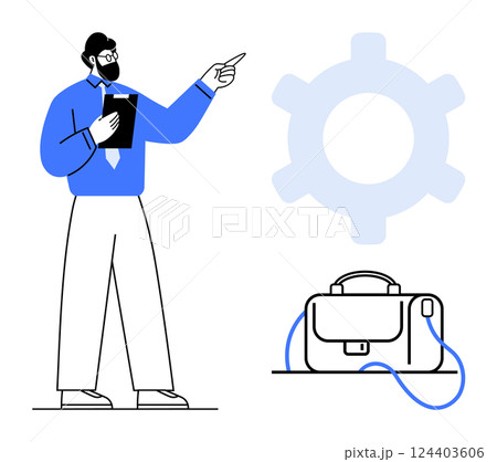 Man in blue shirt and white pants with clipboard pointing towards a large gear symbol and a nearby briefcase. Ideal for business presentations, teamwork, industrial concepts, project management 124403606