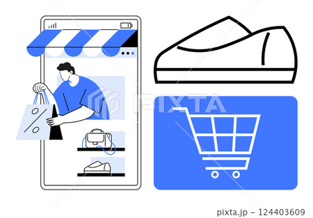 Smartphone storefront with a person holding shopping bags, shoe graphic, shopping cart icon. Ideal for e-commerce, retail, online shopping, mobile apps, digital marketing, web design, sales Smartphone storefront with a person holding shopping bags, shoe graphic, shopping cart icon. Ideal for e-commerce, retail, online shopping, mobile apps, digital marketing, web design, sales 124403609