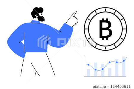 Person pointing at bitcoin symbol with a graph depicting the rise in cryptocurrency value. Ideal for financial analysis, crypto investment, trading platforms, fintech, market trends, blockchain 124403611