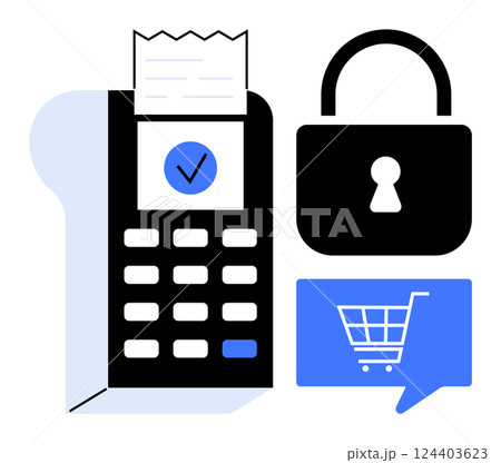Payment terminal with receipt, shopping cart in a chat bubble, and padlock symbol. Ideal for e-commerce, online shopping, fintech, secure transactions, virtual marketplaces, contactless payments 124403623