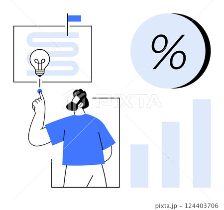 Man pointing at chart with lightbulb symbol, large percentage sign, and growing bar graph. Ideal for business strategy, financial planning, growth, innovation, sales performance, data analysis Man pointing at chart with lightbulb symbol, large percentage sign, and growing bar graph. Ideal for business strategy, financial planning, growth, innovation, sales performance, data analysis 124403706