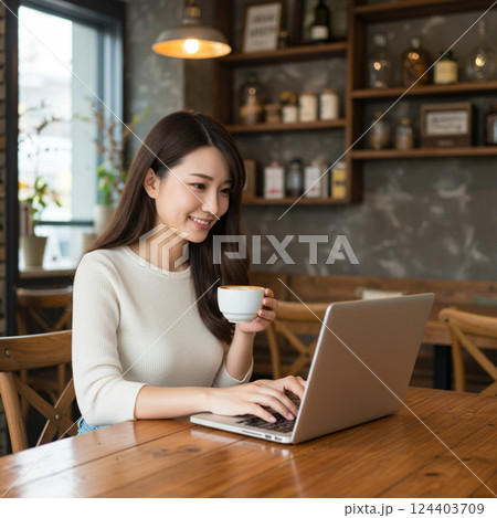 カフェでコーヒーを楽しみながらノートパソコンで作業する女性 124403709