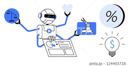 Multifunctional robot performing various tasks holding scales, heart, robotic arm model, and financial icons. Ideal for technology, automation, finance, healthcare, legal, education, and innovation Multifunctional robot performing various tasks holding scales, heart, robotic arm model, and financial icons. Ideal for technology, automation, finance, healthcare, legal, education, and innovation 124403728