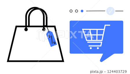 Shopping bag with discount tag and digital shopping cart in blue dialogue bubble with progress indicators above. Ideal for online shopping, e-commerce, digital marketing, retail sales, consumer Shopping bag with discount tag and digital shopping cart in blue dialogue bubble with progress indicators above. Ideal for online shopping, e-commerce, digital marketing, retail sales, consumer 124403729