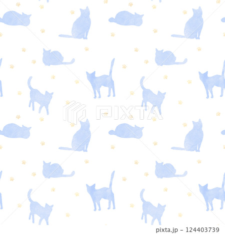 可愛いネコシルエットのシームレスパターン　ブルー 124403739