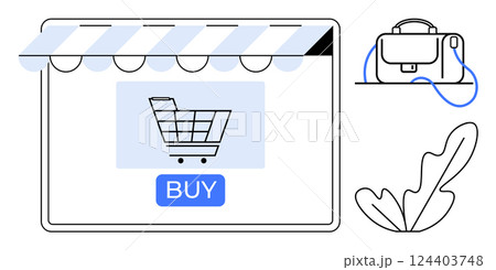 Shopping cart and BUY button on digital storefront with striped awning, briefcase, and plant leaf. Ideal for e-commerce, business, online shopping, retail, digital marketing, startup tools, online 124403748