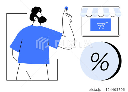Man clicking a button next to a storefront with a shopping cart icon and a large percentage discount symbol. Ideal for e-commerce, sales promotions, online shopping, digital marketing, retail 124403796