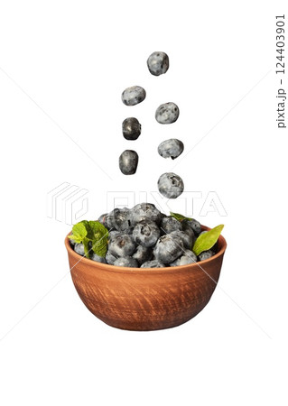 Blueberries in a ceramic bowl isolated on white background. Dark blue, ripe, raw berries with mint leaves 124403901