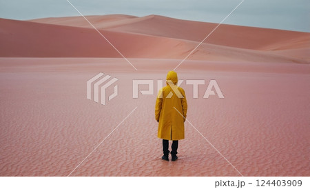 Person in Yellow Jacket Exploring Vast Desert With Sand Dunes 124403909