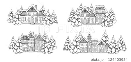 Christmas Greeting card. Illustration of houses. Set of hand drawn buildings. Christmas Greeting card. Illustration of houses. Set of hand drawn buildings. 124403924