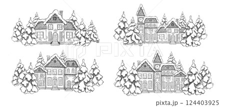 Christmas Greeting card. Illustration of houses. Set of hand drawn buildings. Christmas Greeting card. Illustration of houses. Set of hand drawn buildings. 124403925