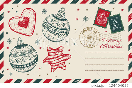 Christmas mail, postcard, hand drawn illustration.	 124404035