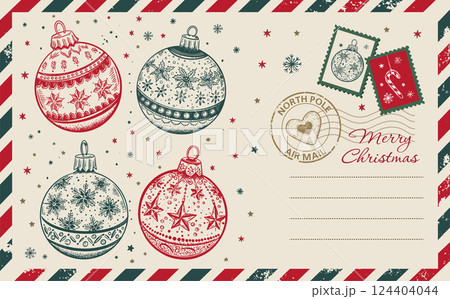 Christmas mail, postcard, hand drawn illustration.	 124404044