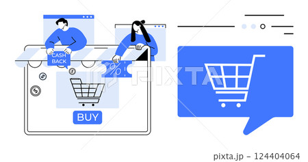 E-commerce website interface highlighting shopping cart, buy button, cash back, and discount offers. Two people interacting online. Ideal for online shopping, digital marketing, e-commerce 124404064