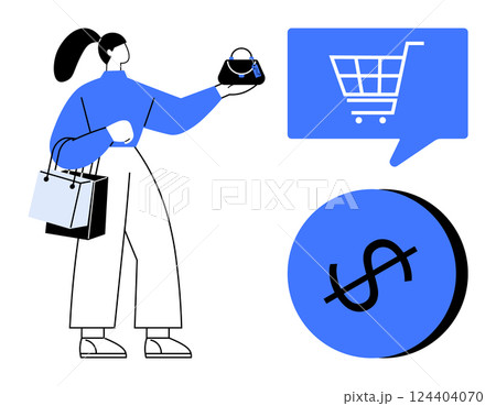 Woman holding a purse and shopping bags examining purchase options. Shopping cart and dollar sign inside blue speech bubble and circle. Ideal for retail, e-commerce, sales, marketing, fashion Woman holding a purse and shopping bags examining purchase options. Shopping cart and dollar sign inside blue speech bubble and circle. Ideal for retail, e-commerce, sales, marketing, fashion 124404070