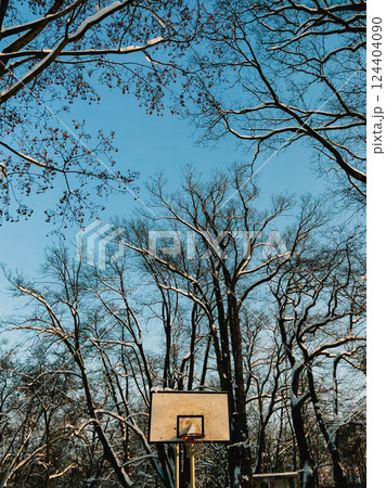 Basketball hoop standing in a snowy park, surrounded by bare trees with snow covered branches, all under a clear blue sky during the tranquil winter season. Snow covered basketball empty hoop 124404090