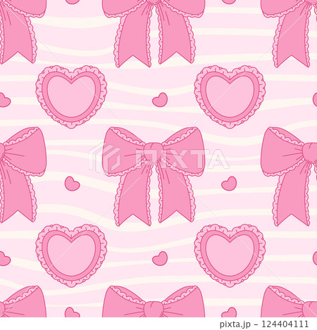 Vintage seamless pattern Coquette Pink Bow Ribbon and Heart on Groovy Distorted Stripe Background. Romantic Girly Vibe. Trendy aesthetic patterned backdrop template. Vector illustration 124404111