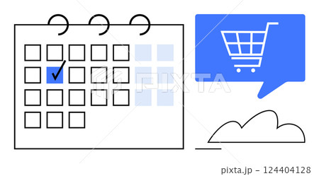 Calendar with marked date, shopping cart icon in blue speech bubble, cloud. Ideal for e-commerce, promotions, sales planning, marketing, digital events, scheduling, holidays. Line metaphor 124404128