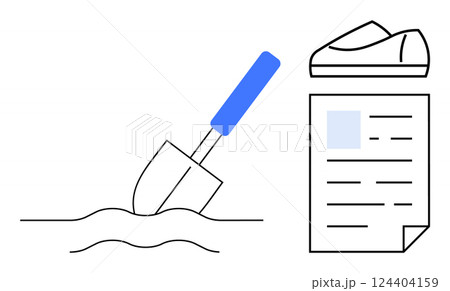 Shovel with blue handle digging into the ground beside a rolled-up blueprint. Ideal for construction, gardening, project planning, architecture, engineering, landscaping, and agricultural themes 124404159