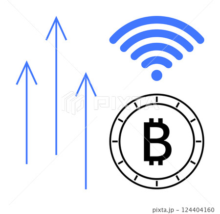 Blue upward arrows indicating growth, a blue wireless signal symbolizing connectivity, and a black-and-white Bitcoin coin suggesting cryptocurrency. Ideal for themes of technology, finance, data Blue upward arrows indicating growth, a blue wireless signal symbolizing connectivity, and a black-and-white Bitcoin coin suggesting cryptocurrency. Ideal for themes of technology, finance, data 124404160