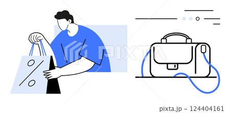 Man holding shopping bags with a percent sign, indicating a discount sale. Nearby, a briefcase with connected lines. Ideal for shopping, sales, promotions, retail, business, commerce, and marketing 124404161