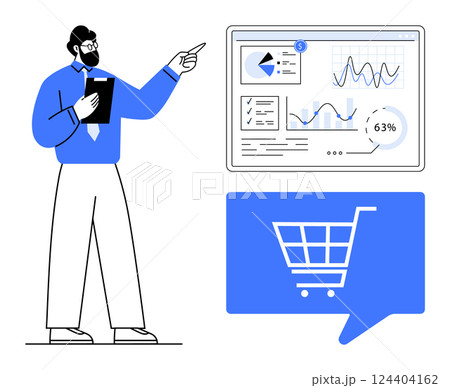 Man pointing at screen displaying charts and graphs, holding clipboard. Blue shopping cart speech bubble below. Ideal for presentations, e-commerce, data analysis, retail, marketing, strategy Man pointing at screen displaying charts and graphs, holding clipboard. Blue shopping cart speech bubble below. Ideal for presentations, e-commerce, data analysis, retail, marketing, strategy 124404162