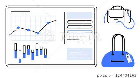 Data analytics dashboard with line chart, bar graph, and handbags. Ideal for business analysis, e-commerce, fashion industry, market research, advertising, online stores, digital marketing. Line Data analytics dashboard with line chart, bar graph, and handbags. Ideal for business analysis, e-commerce, fashion industry, market research, advertising, online stores, digital marketing. Line 124404163