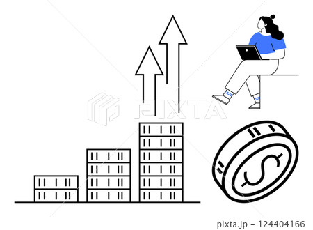 Woman working on laptop, ascending bar chart with arrows indicating growth, coin symbolizing money. Ideal for business growth, financial analysis, investments, economic progress, startups, digital Woman working on laptop, ascending bar chart with arrows indicating growth, coin symbolizing money. Ideal for business growth, financial analysis, investments, economic progress, startups, digital 124404166