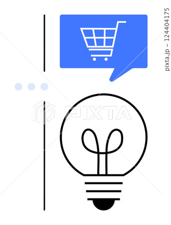 Blue speech bubble with shopping cart icon, light bulb symbolizing a new idea, and gray dots. Ideal for e-commerce, innovation, brainstorming, investment, marketing, online shopping, and business Blue speech bubble with shopping cart icon, light bulb symbolizing a new idea, and gray dots. Ideal for e-commerce, innovation, brainstorming, investment, marketing, online shopping, and business 124404175
