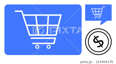 Shopping cart icon on blue background, speech bubble with cart, and dollar sign. Ideal for e-commerce, online shopping, retail apps, digital marketing, payment systems, financial transactions Shopping cart icon on blue background, speech bubble with cart, and dollar sign. Ideal for e-commerce, online shopping, retail apps, digital marketing, payment systems, financial transactions 124404176