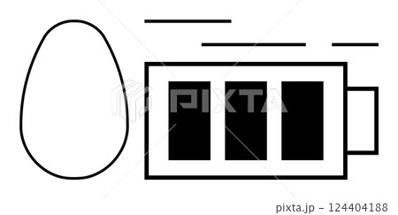Minimalist design with battery icon showing three black bars indicating charge level next to an egg shape. Ideal for technology reviews, energy conservation, battery life improvement, gadget blogs Minimalist design with battery icon showing three black bars indicating charge level next to an egg shape. Ideal for technology reviews, energy conservation, battery life improvement, gadget blogs 124404188
