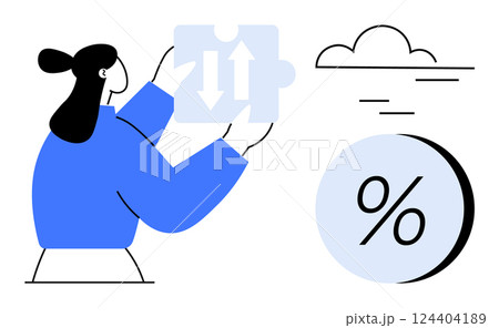 Woman holding puzzle piece with upward and downward arrows near large percentage symbol and cloud. Ideal for business strategy, finance, analysis, problem-solving, market trends, economic impact Woman holding puzzle piece with upward and downward arrows near large percentage symbol and cloud. Ideal for business strategy, finance, analysis, problem-solving, market trends, economic impact 124404189
