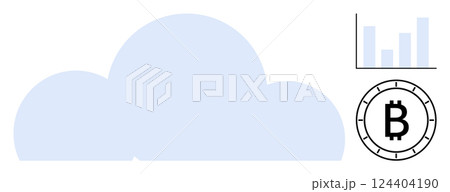 Cloud symbol, Bitcoin coin icon, bar chart indicating data analysis. Ideal for fintech, cryptocurrency services, cloud computing, data storage solutions, financial technology, digital services 124404190