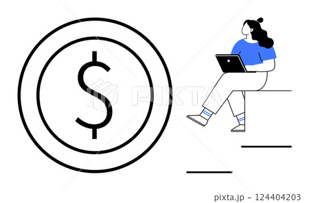 Woman using laptop while sitting on steps next to large dollar sign symbolizing online finance activities. Ideal for finance, online banking, investment, e-commerce, financial planning, remote work 124404203