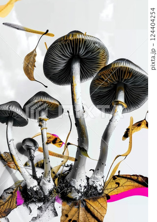 Futuristic Surreal Mushroom Art with Gold Accents and Pink Pop Y2K Style 124404254