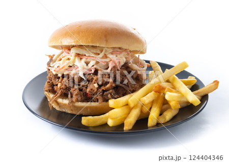 Pulled pork sandwich with coleslaw salad and french fries isolated on white background Pulled pork sandwich with coleslaw salad and french fries isolated on white background 124404346