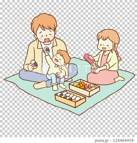 レジャーシートを敷いて親子3人でピクニックランチ レジャーシートを敷いて親子3人でピクニックランチ 124404459