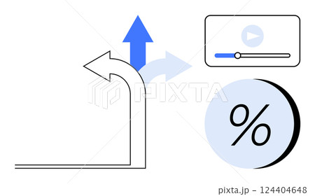 Business growth chart with a white upward arrow, blue arrows, play button, and percentage symbol. Ideal for business growth, investment, progress tracking, data analysis, digital marketing 124404648