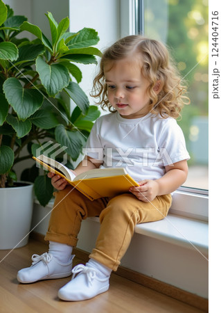 A little girl sitting on a window sill reading a book 124404716