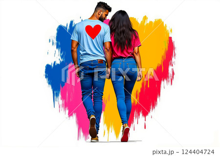 A man and a woman walking down a street holding hands 124404724