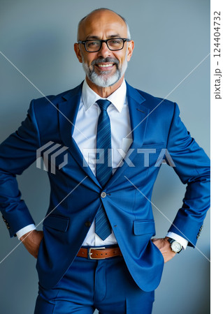 A man in a blue suit and tie posing for a picture 124404732