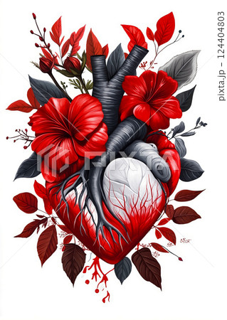 A drawing of a human heart surrounded by red flowers and leaves 124404803