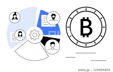 Bitcoin symbol next to pie chart divided into segments, each with an avatar and document icon. Gear wheel in the middle. Ideal for cryptocurrency, teamwork, collaboration, decentralized systems 124404804